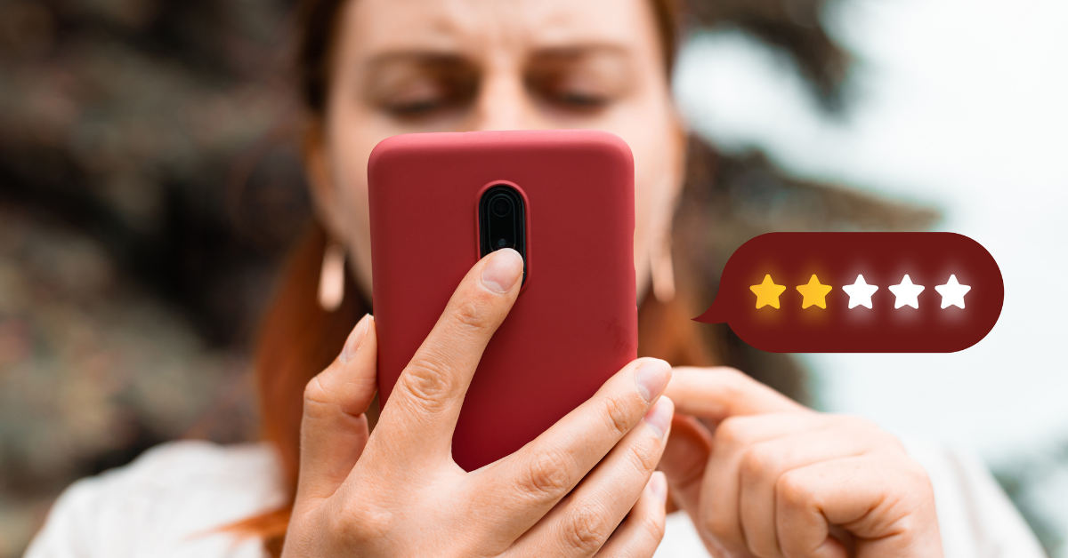 Woman on cell phone. Shows 2 out of 5 star review.