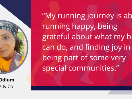 Text and image based graphic in red and blue with text reading: "My running journey is about running happy, being grateful about what my body can do, and finding joy in being part of some very special communities." Images are Che Odlum headshot and MD Comms logo