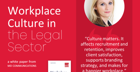 Image and text based graphic. text reads: Workplace Culture in the Legal Sector a white paper from MD COMMUNICATIONS #LegalCultureMatters "Culture matters. It affects recruitment and retention, improves client satisfaction, supports branding strategy, and makes for a happier workplace." Melissa Davis, Founder & CEO MD, Communications Images are front cover of white paper and Melissa headshot