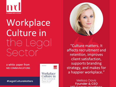 Image and text based graphic. text reads: Workplace Culture in the Legal Sector a white paper from MD COMMUNICATIONS #LegalCultureMatters "Culture matters. It affects recruitment and retention, improves client satisfaction, supports branding strategy, and makes for a happier workplace." Melissa Davis, Founder & CEO MD, Communications Images are front cover of white paper and Melissa headshot