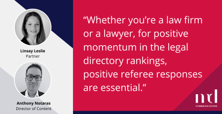 Text and image based graphic, in blue and red, with headshots of Linsay Leslie and Anthony Notaras and MD Comms logo. Text reads: "Whether you’re a law firm or a lawyer, for positive momentum in the legal directory rankings, positive referee responses are essential."