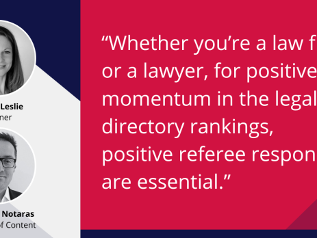 Text and image based graphic, in blue and red, with headshots of Linsay Leslie and Anthony Notaras and MD Comms logo. Text reads: "Whether you’re a law firm or a lawyer, for positive momentum in the legal directory rankings, positive referee responses are essential."