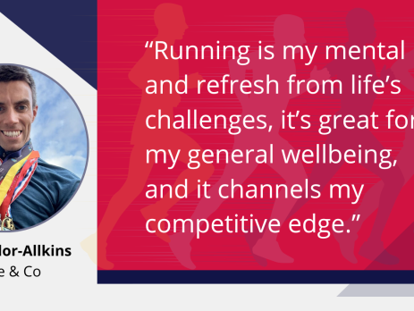 Text and image based graphic in red and blue with text reading: "Running is my mental reset and refresh from life’s challenges, it’s great for my general wellbeing, and it channels my competitive edge." Images are Sam Taylor-Allkins headshot and MD Comms logo