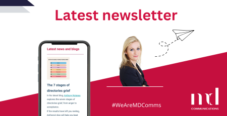 Text and image based graphic in red, blue and white. Text reads: latest newsletter. #WeAreMDComms Images are Melissa Davis headshot, MD Comms logo and screengrab of part of newsletter as viewed on mobile device