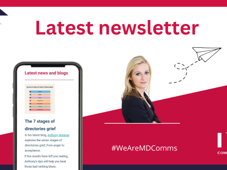 Text and image based graphic in red, blue and white. Text reads: latest newsletter. #WeAreMDComms Images are Melissa Davis headshot, MD Comms logo and screengrab of part of newsletter as viewed on mobile device