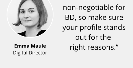 Text and image based graphic, in blue, white and red, with headshot of Emma Maule and MD Comms logo. Text reads: “LinkedIn is now non-negotiable for BD, so make sure your profile stands out for the right reasons." Global Reputation Advisors