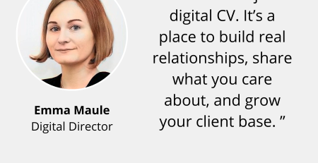 Text and image based graphic, in blue, white and red, with headshot of Emma Maule and MD Communications logo. Text reads: “LinkedIn isn’t just a digital CV. It’s a place to build real relationships, share what you care about, and grow your client base. " Global Reputation Advisors