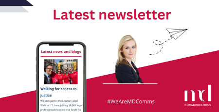 Image and text based graphic. Text reads: Latest newsletter Latest news and blogs Walking for access to justice We took part in the London Legal Walk on 17 June, joining 19,000 legal professionals to raise vital funds for free legal advice centers. #WeAreMDComms Melissa Davis Founder & CEO MD COMMUNICATIONS Images are exit sign, Melissa headshot, and line drawing of paper airplane