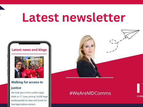 Image and text based graphic. Text reads: Latest newsletter Latest news and blogs Walking for access to justice We took part in the London Legal Walk on 17 June, joining 19,000 legal professionals to raise vital funds for free legal advice centers. #WeAreMDComms Melissa Davis Founder & CEO MD COMMUNICATIONS Images are exit sign, Melissa headshot, and line drawing of paper airplane