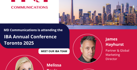 Image and text based graphic in red and white, with three headshots and photo of Toronto skyline Text reads: MD COMMUNICATIONS #IBAToronto 2-7 November MD Communications is attending the IBA Annual Conference Toronto 2025 MEET OUR IBA TEAM James Hayhurst Partner & Global Marketing Director Melissa Davis CEO & Founder IBA European Regional Forum Council Member Linsay Leslie Head of International Growth Sponsorship Officer of the IBA Asset Recovery Committee