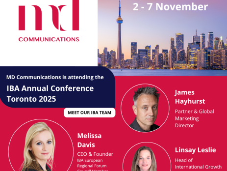 Image and text based graphic in red and white, with three headshots and photo of Toronto skyline Text reads: MD COMMUNICATIONS #IBAToronto 2-7 November MD Communications is attending the IBA Annual Conference Toronto 2025 MEET OUR IBA TEAM James Hayhurst Partner & Global Marketing Director Melissa Davis CEO & Founder IBA European Regional Forum Council Member Linsay Leslie Head of International Growth Sponsorship Officer of the IBA Asset Recovery Committee