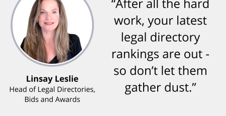 Text and image based graphic, in blue, white and red, with headshot of Linsay Leslie and MD Communications logo. Text reads: "After all the hard work, your latest legal directory rankings are out - so don’t let them gather dust." Global Reputation Advisors