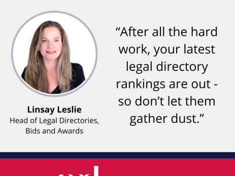Text and image based graphic, in blue, white and red, with headshot of Linsay Leslie and MD Communications logo. Text reads: "After all the hard work, your latest legal directory rankings are out - so don’t let them gather dust." Global Reputation Advisors