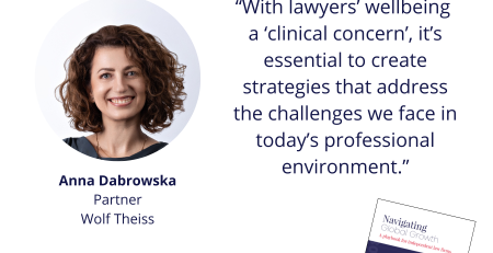 Text and image based graphic in blue and white with headshot of Anna Dabrowska and small image of front cover of guide Text reads: Navigating Global Growth A playbook for independent law firms Anna Dabrowska Partner Wolf Theiss "With lawyers’ wellbeing a ‘clinical concern’, it’s essential to create strategies that address the challenges we face in today’s professional environment.” MD COMMUNICATIONS #NavigatingGlobalGrowth