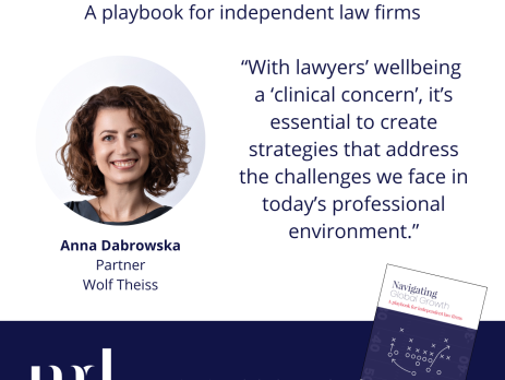 Text and image based graphic in blue and white with headshot of Anna Dabrowska and small image of front cover of guide Text reads: Navigating Global Growth A playbook for independent law firms Anna Dabrowska Partner Wolf Theiss "With lawyers’ wellbeing a ‘clinical concern’, it’s essential to create strategies that address the challenges we face in today’s professional environment.” MD COMMUNICATIONS #NavigatingGlobalGrowth
