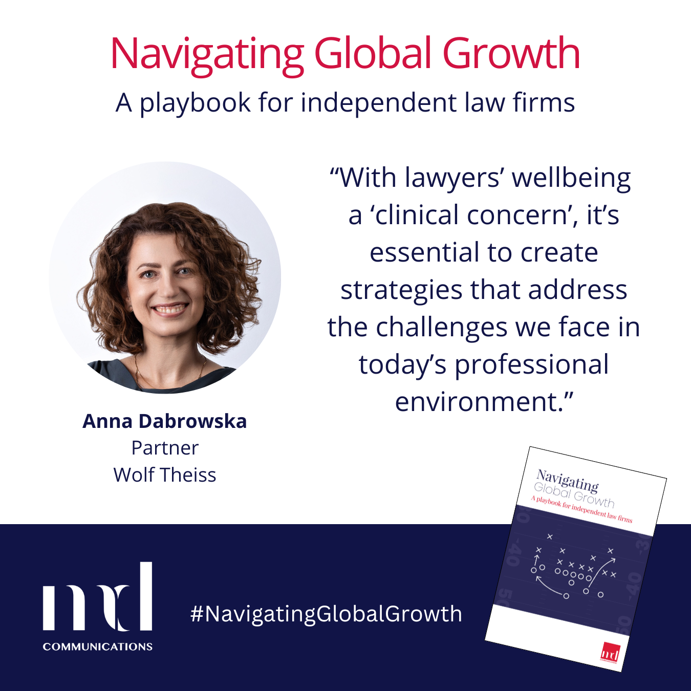 Text and image based graphic in blue and white with headshot of Anna Dabrowska and small image of front cover of guide Text reads: Navigating Global Growth A playbook for independent law firms Anna Dabrowska Partner Wolf Theiss "With lawyers’ wellbeing a ‘clinical concern’, it’s essential to create strategies that address the challenges we face in today’s professional environment.” MD COMMUNICATIONS #NavigatingGlobalGrowth