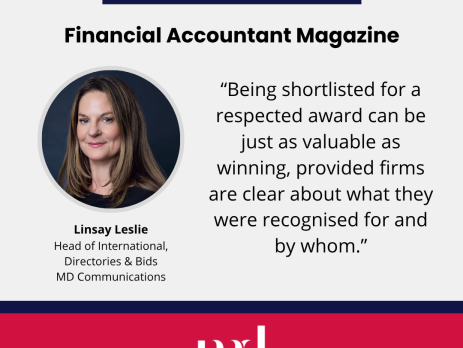 Image and text based graphic in red and white that reads: Global Reputation Advisors. “Being shortlisted for a respected award can be just as valuable as winning, provided firms are clear about what they were recognised for and by whom.” With MD Communications logo and Linsay Leslie headshot