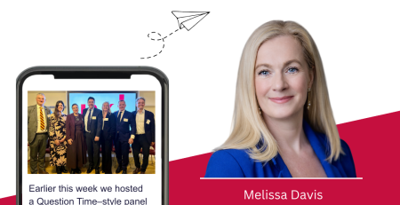 Image and text based graphic in red, white and dark blue Text reads: Read our newsletter! Earlier this week we hosted a Question Time–style panel event to discuss purpose in the legal sector, bringing together leaders from inside and outside law to explore whether purpose still exists in law firms and what it actually looks like in practice. Melissa Davis Founder & CEO MD COMMUNICATIONS Images are photo of group of men and women standing on stage, Melissa headshot, and line drawing of paper airplane