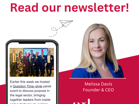 Image and text based graphic in red, white and dark blue Text reads: Read our newsletter! Earlier this week we hosted a Question Time–style panel event to discuss purpose in the legal sector, bringing together leaders from inside and outside law to explore whether purpose still exists in law firms and what it actually looks like in practice. Melissa Davis Founder & CEO MD COMMUNICATIONS Images are photo of group of men and women standing on stage, Melissa headshot, and line drawing of paper airplane