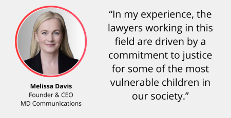 Text and image based graphic, in blue, white and red, with headshot of Melissa Davis and MD Communications logo. Text reads: In the Press The Guardian: SEND reforms legal challenge “In my experience, the lawyers working in this field are driven by a commitment to justice for some of the most vulnerable children in our society.”