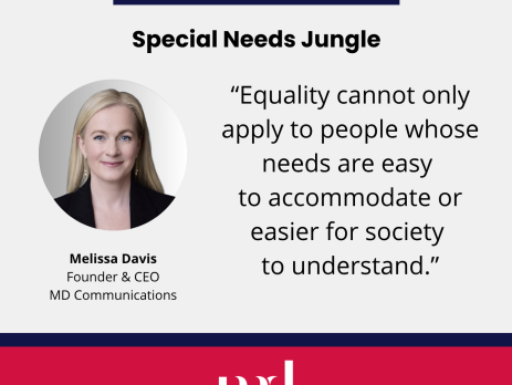 Text and image based graphic, in blue, white and red, with headshot of Melissa Davis and MD Communications logo. Text reads: In the press Special Needs Jungle “Equality cannot only apply to people whose needs are easy to accommodate or easier for society to understand.”