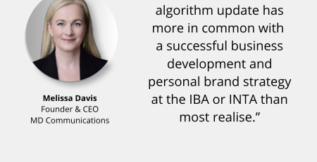 Text and image based graphic, in blue, white and red, with headshot of Melissa Davis and MD Communications logo. Text reads: Global Reputation Advisors “The latest LinkedIn algorithm update has more in common with a successful business development and personal brand strategy at the IBA or INTA than most realise.”