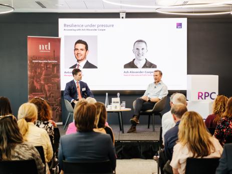 Antony Sassi, Managing Partner of RPC, in conversation with Ash Alexander-Cooper OBE at the MD Communications Culture Series event 'Resilience Under Pressure', held at RPC's London office.