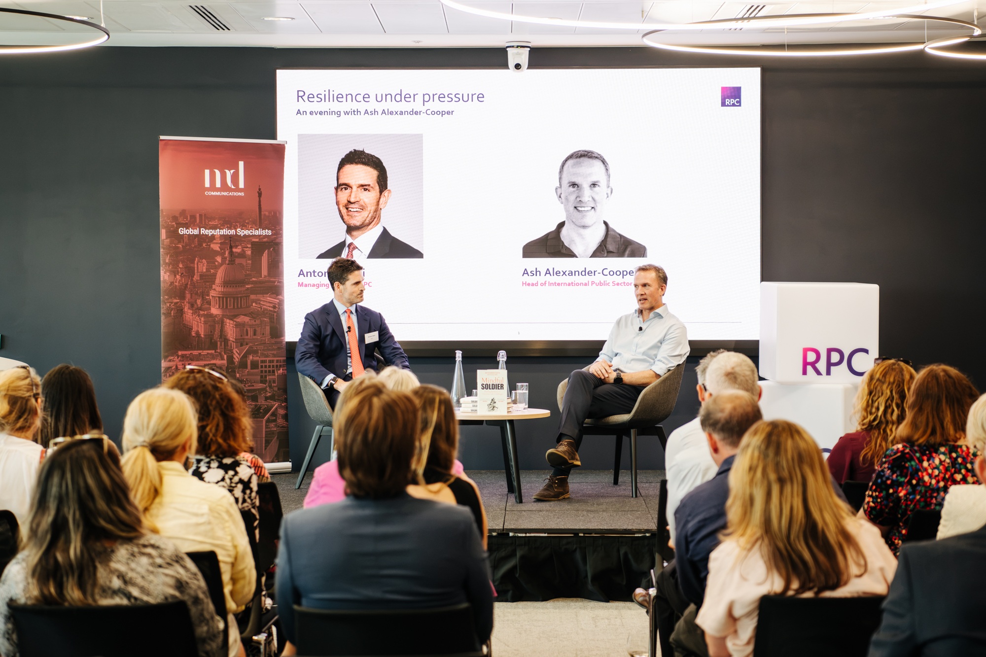 Antony Sassi, Managing Partner of RPC, in conversation with Ash Alexander-Cooper OBE at the MD Communications Culture Series event 'Resilience Under Pressure', held at RPC's London office.