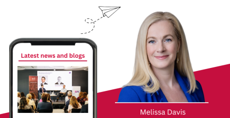 Graphic promoting the MD Communications newsletter, showing a phone screen previewing the latest edition — featuring a photo from the 'Resilience Under Pressure' Culture Series event with Ash Alexander-Cooper OBE, co-hosted with RPC — alongside a headshot of Melissa Davis, Founder & CEO.