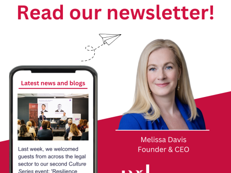 Graphic promoting the MD Communications newsletter, showing a phone screen previewing the latest edition — featuring a photo from the 'Resilience Under Pressure' Culture Series event with Ash Alexander-Cooper OBE, co-hosted with RPC — alongside a headshot of Melissa Davis, Founder & CEO.