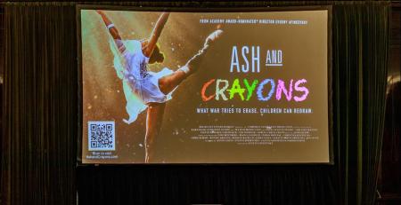 Ash and crayons - the title of the film on display.