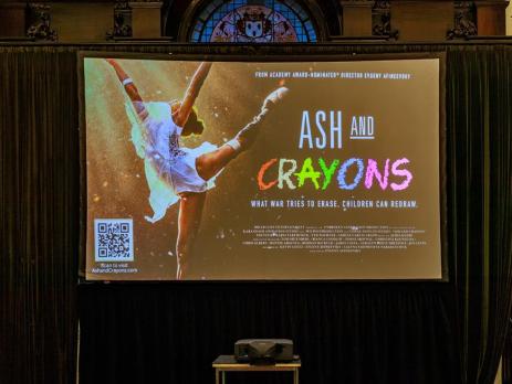 Ash and crayons - the title of the film on display.