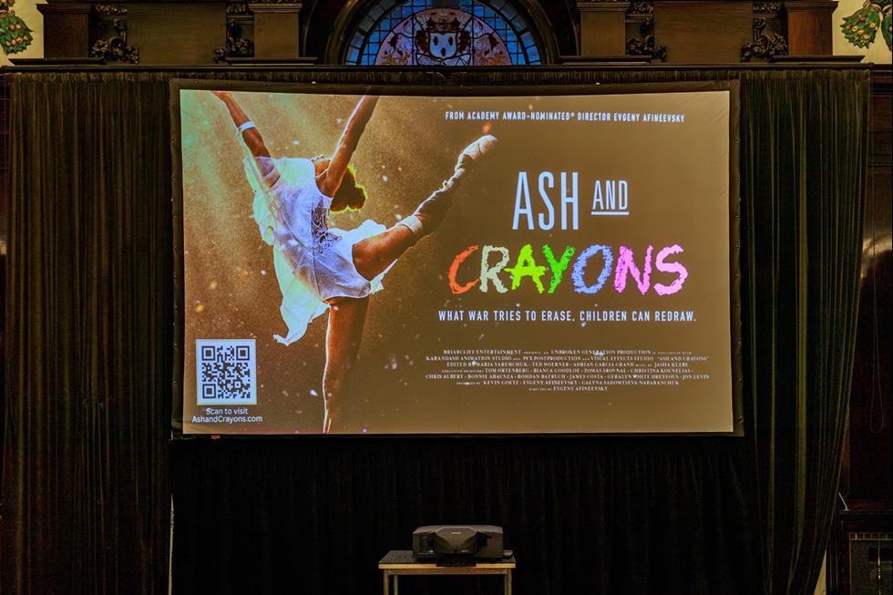 Ash and crayons - the title of the film on display.