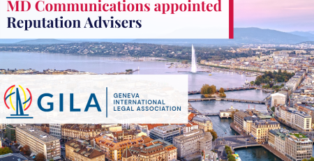 Graphic with eagle's view of Geneva, with the words "MD Communications appointed Reputation Advisers" and the GILA and MD Communications logos on top