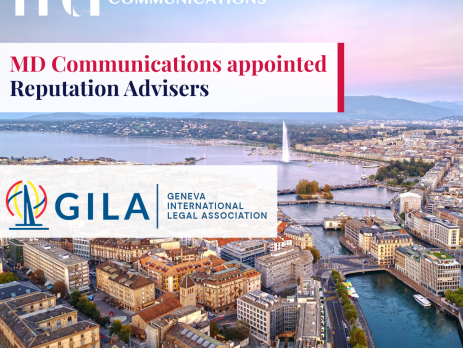 Graphic with eagle's view of Geneva, with the words "MD Communications appointed Reputation Advisers" and the GILA and MD Communications logos on top